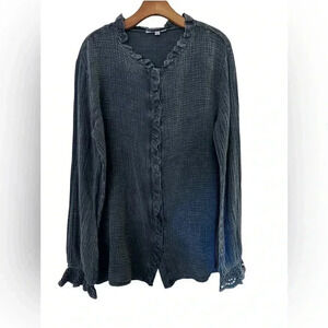 MAZIK Charcoal Gray Eyelet Ruffle Button Down Long Sleeve Tunic Shirt